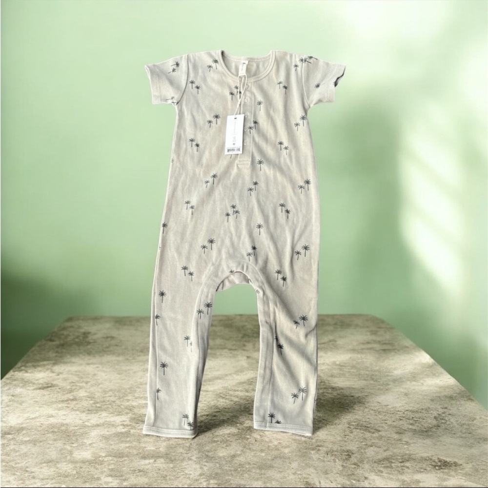 NWT QUINCY MAE Short Sleeve Ribbed Jumpsuit Romper Light Green Palm Trees 18-24